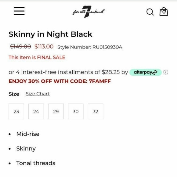 7 For All Mankind Skinny Jeans Size 26 Mid rise - Picture 5 of 6